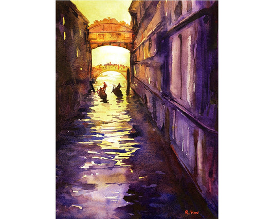 Bridge of Sighs silhouetted at sunset w/ gondolier in Venice, Italy.  Bridge of Sighs painting, Venice Italy home decor, fine art (print)