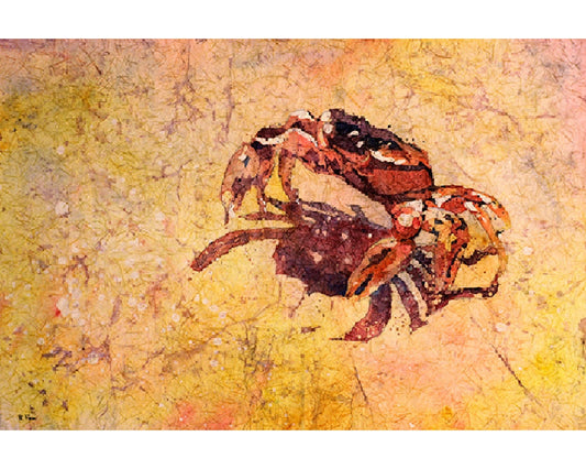 Crab on sandy beach- fine art watercolor batik of crab on beach.  Watercolor giclee painting of crab, beach artwork, yellow art (print)