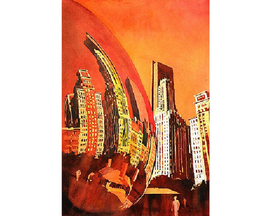 Fine art watercolor painting of skyscrapers and reflections in Cloud Gate (Chicago Bean) statue in Millennium Park in downtown Chicago, ILL at dusk.