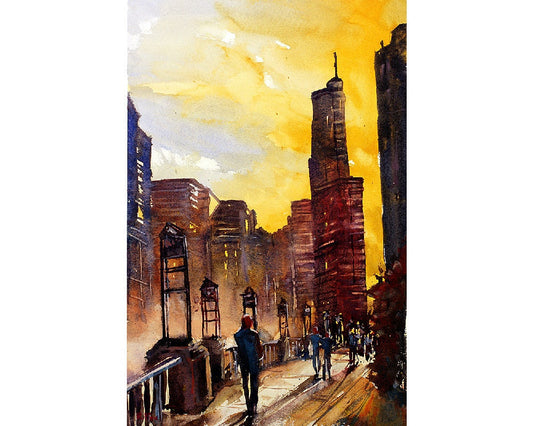 Plein air watercolor painting of skyscrapers in downtown Chicago, Illinois- USA