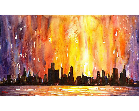Fine art watercolor painting of downtown Chicago, Illinois (USA) skyline at dawn as viewed from Lake Michigan