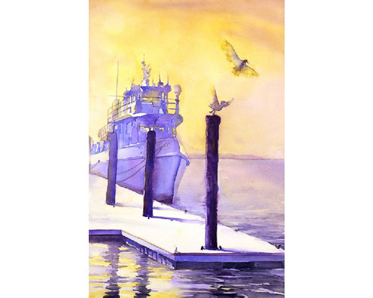 Tugboat & birds at Morehead City, North Carolina. Boat artwork sunset painting coastal artwork fine art print house art watercolor painting