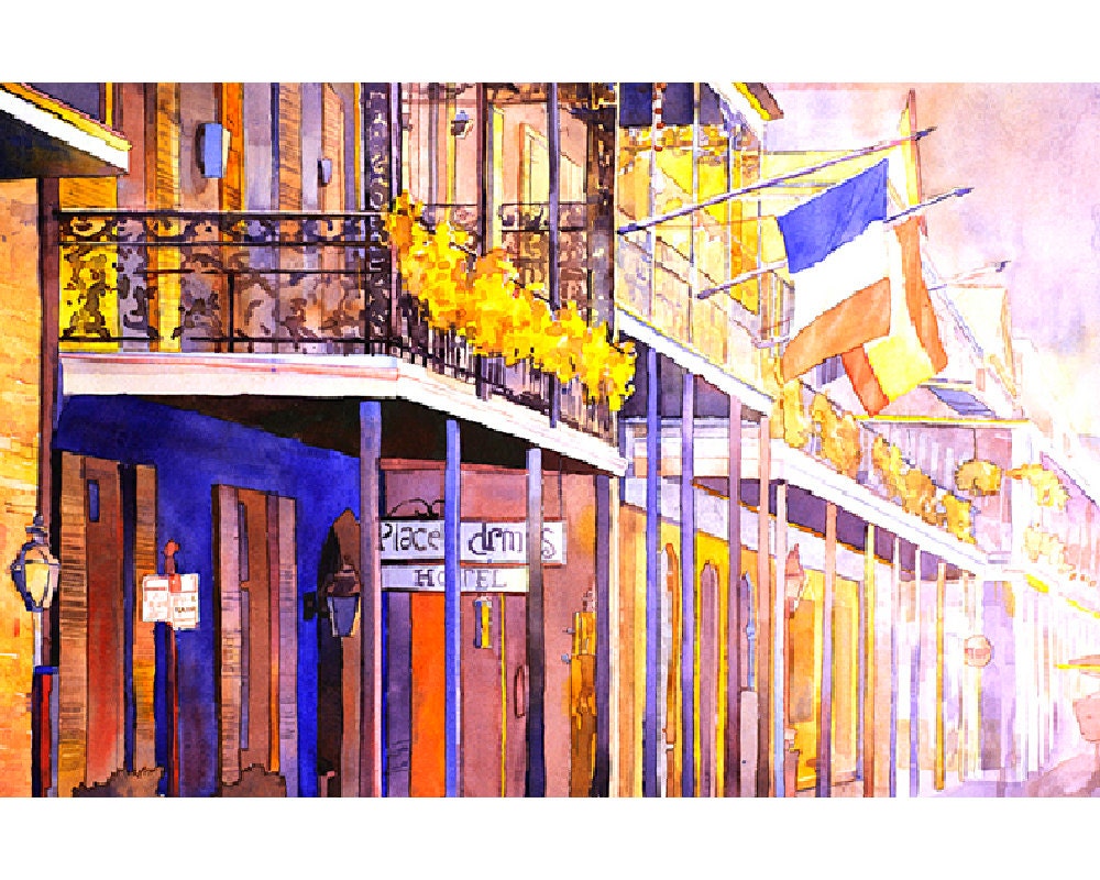 New Orleans watercolor painting- Louisiana.  Watercolor art of the French Quarter in New Orleans, watercolor French Quarter artwork (print)