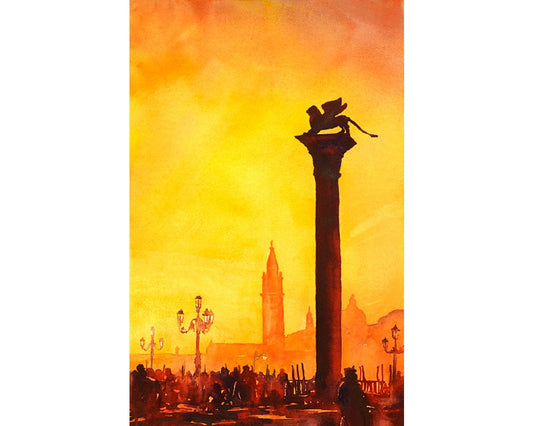 Original handmade watercolor of Venice Italy's Piazza San Marco featuring symbolic lion statue.