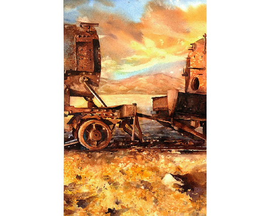 Trains at Cemetery in Salar de Uyuni- Bolivia. Art train watercolor landscape Bolivia painting fine art print. Train art. Train painting