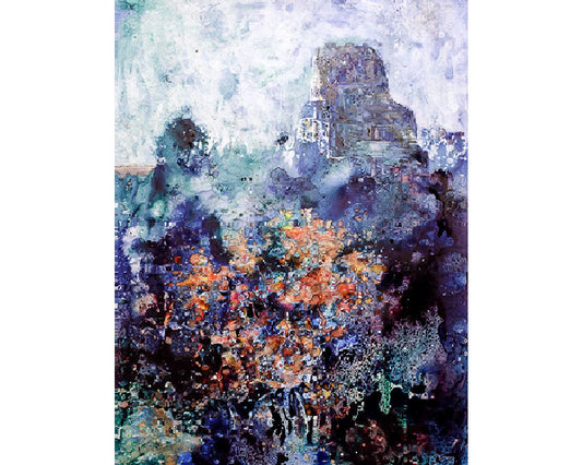 Painting of ruined Mayan temples & jungle-Tikal, Guatmala, Art Tikal ruins watercolor Guatemala print, Watercolor landscape fine art (print)