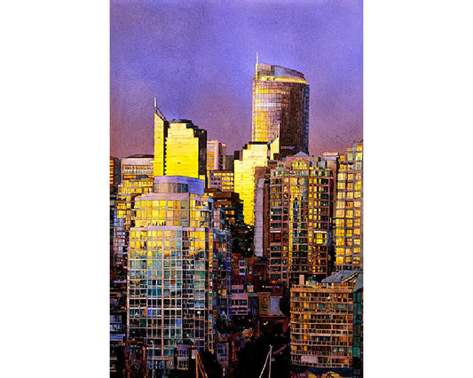 Vancouver skyline at sunset.  Vancouver watercolor wall art colorful print fine art print Vancouver skyline art print painting giclee Canada