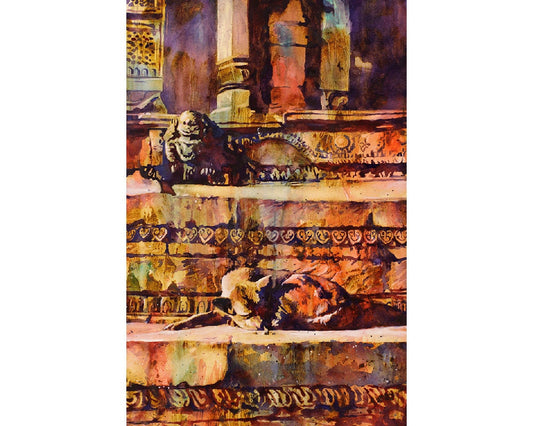 Perro durmiendo en el templo hindú en la Plaza Durbar, Katmandú, Nepal. Arte Nepal acuarela. Pintura Nepal acuarela bellas artes (impresión)