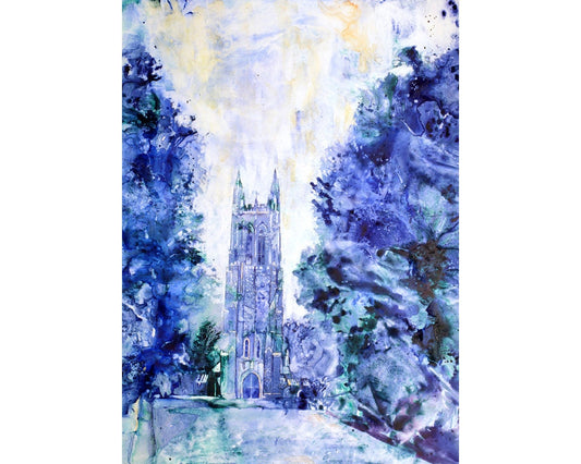 Watercolor Duke Chapel art print showing the iconic gothic tower of Duke Chapel at Duke University–North Carolina, perfect as a graduation gift or wall art watercolor giclee fine art print for home decor.