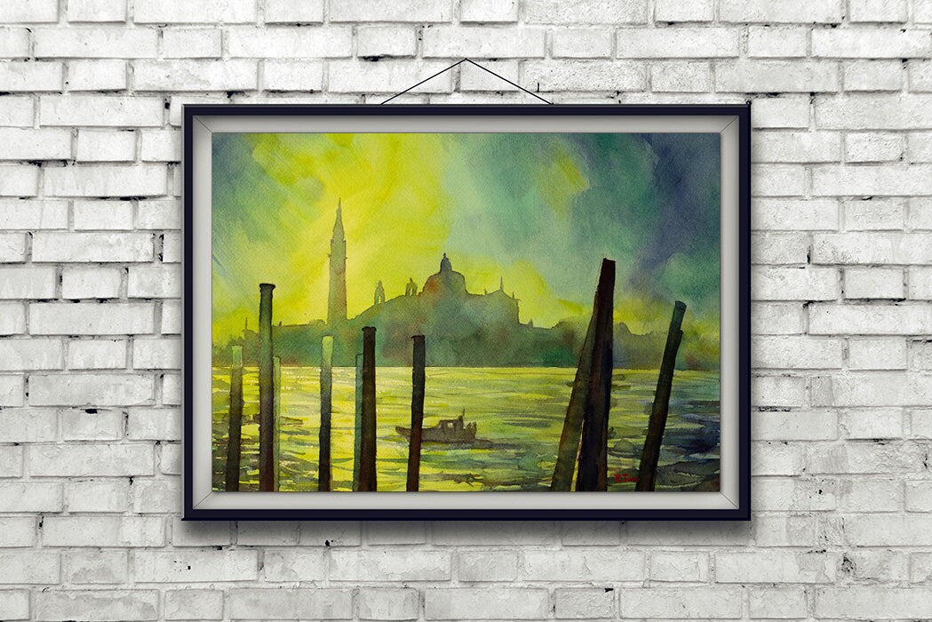 Watercolor painting of San Giorgio Maggiore church in Venice, Italy, Venice fine art Italy watercolor art gondola print Venice painting art