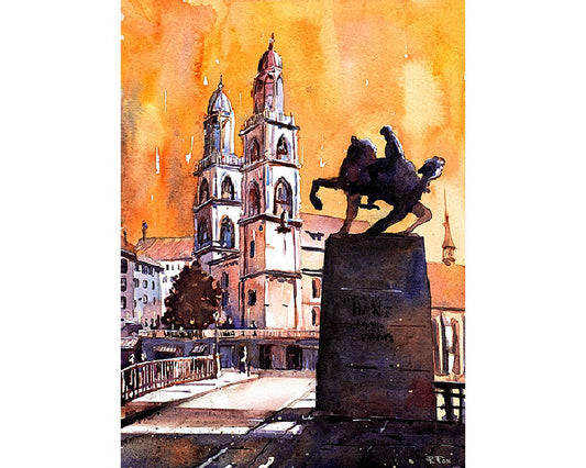 Zurich, Suiza. Pintura de acuarela Impresión de bellas artes de Zurich, paisaje de acuarela, iglesia de arte de Suiza Pintura de bellas artes de Zurich (impresión)