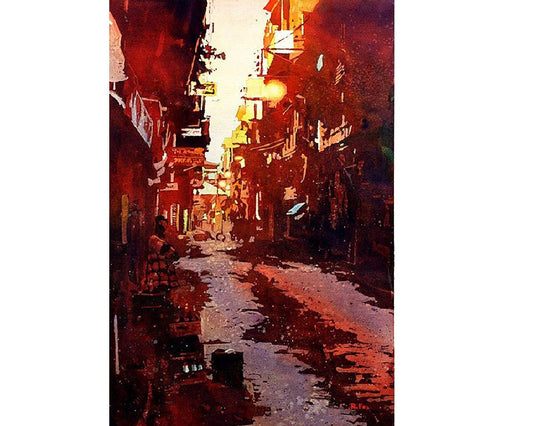 Watercolor painting of street scene in the Himalayan city of Patan- Kathmandu Valley, Nepal