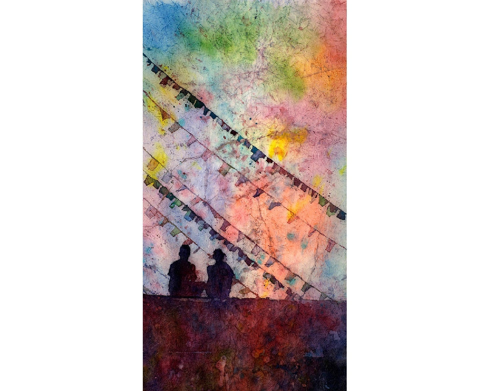 Watercolor batik on rice paper of silhouette of people sitting in front of prayer flags at Swayambhunath Buddhist stupa in the Kathmandu Valley- Nepal