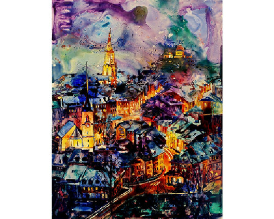 Bern Switzerland watercolor painting at sunset- fine art watercolor painting of Bern at sunset, home decor Bern, Switzerland art (print)
