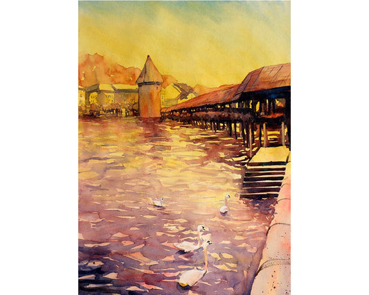 Lucerne, Switzerland at sunset fine art watercolor painting. Landscape painting Lucerne yellow print swans painting Lucerne art bridge swan (print)