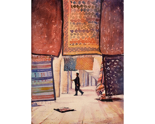 Tunisian man dusting off Persian rugs at shop in Saharan oasis town of Tozeur- Tunisia.  Art Tunisia watercolor painting carpet wall print