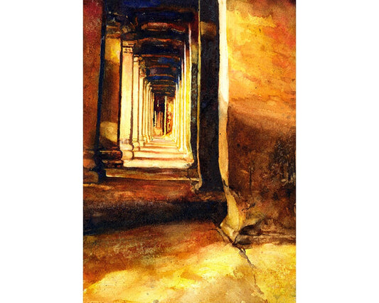 Angkor Wat ruins in Cambodia interior hallway.  Watercolor painting of hallway at Angkor Wat in Cambodia fine art