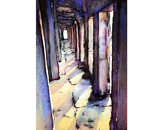 Watercolor painting of hallway at Khmer temple of Angkor Wat-  at Angkor Wat ruins near Siem Reap, Cambodia. Cambodia art.  Watercolor (print)