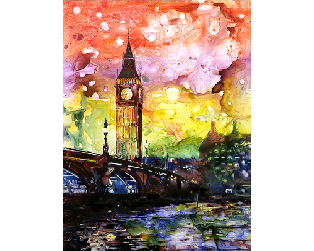 Painting of Big Ben silhouetted in city of London, England.  Big Ben painting.  Big Ben watercolor.  London art watercolor landscape (print)