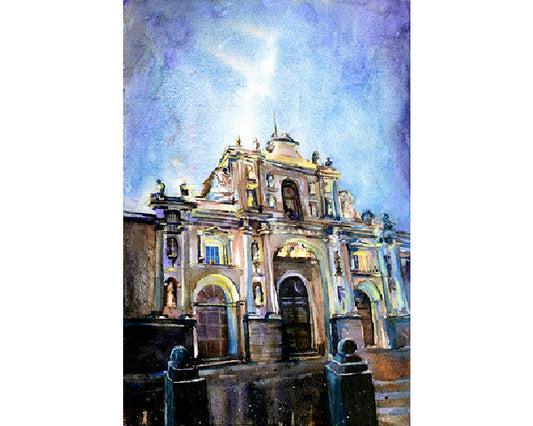 Watercolor painting of Baroque Cathedral at dawn in the UNESCO World Heritage city of Antigua, Guatemala.