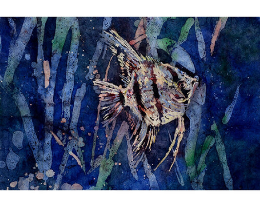 Fish swimming- fine art watercolor of fish swimming.  Fish watercolor art.  Batik painting fish blue wall print watercolor home decor blue (print)