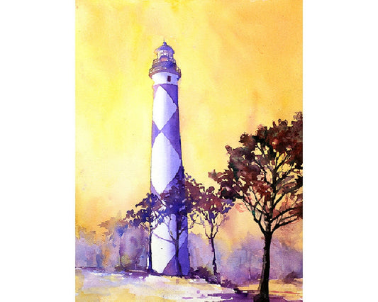 Cape Lookout lighthouse at sunset on the Outer Banks of North Carolina Lighthouse art watercolor, landscape art lighthouse (print)