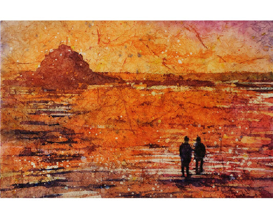 Sunset landscape painting on West Coast. Watercolor art seascape watercolor batik landscape wall art orange painting, batik fine art print