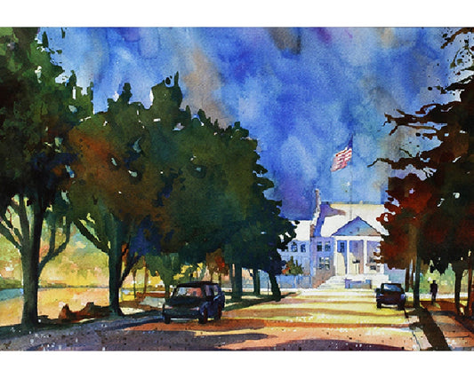 Watercolor painting of Cary Arts Center on Academy Street in downtown Cary, North Carolina.  Fine art print, watercolor painting, home decor