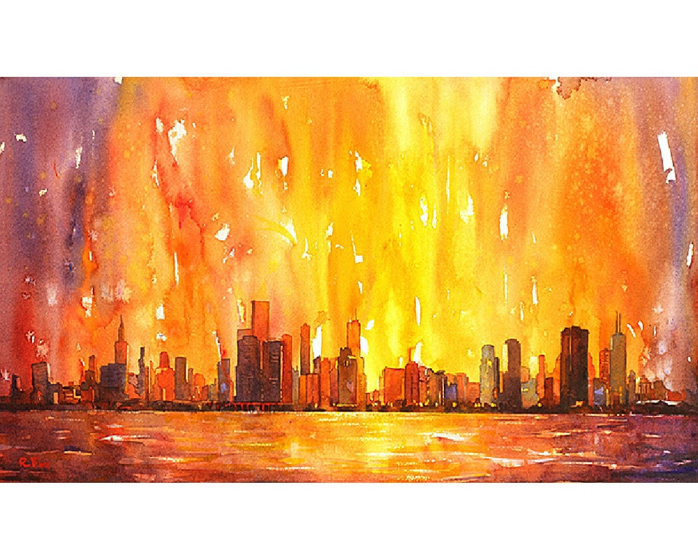 Fine art watercolor painting of downtown Chicago, Illinois (USA) skyline at dawn as viewed from Lake Michigan