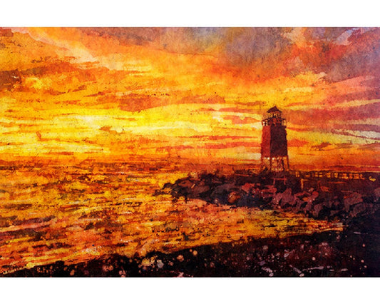 Lighthouse at Charlevoix, Michigan silhouetted at sunset Lake Michigan- USA.  Art lighthouse painting landscape.  Watercolor batik painting (print)
