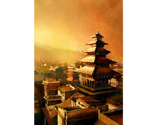 Watercolor painting of the Nyatapola Temple in the UNESCO World Heritage city of Bhaktapur- Kathmandu Valley, Nepal