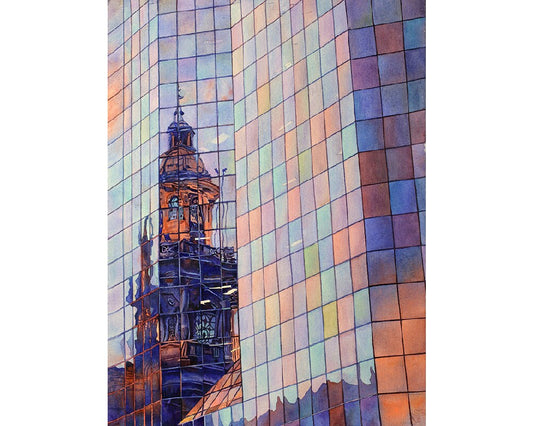 Plaza de Armas Santiago Chile cathedral facade painted in soft watercolor tones—ideal travel essential print for sophisticated interiors.