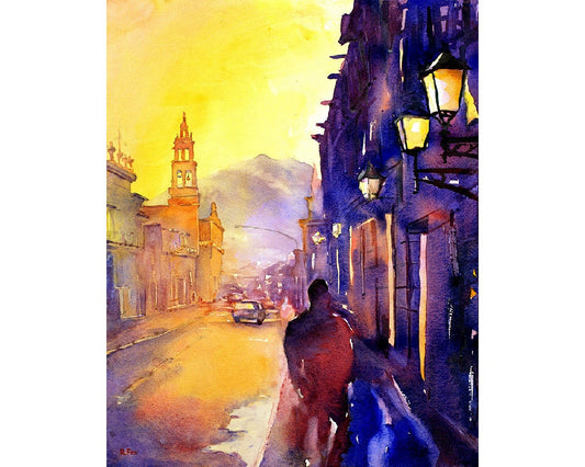 Scenic watercolor artwork of a quiet street in Morelia with a church and flowering trees, perfect for travel lovers and elegant home decor.