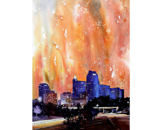 Raleigh, NC downtown skyscrapers silhouetted at sunset- fine art watercolor painting.  Raleigh painting, Raleigh skyline watercolor (print)