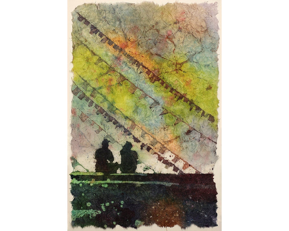 Watercolor batik on rice paper of silhouette of people sitting in front of prayer flags at Swayambhunath Buddhist stupa in the Kathmandu Valley- Nepal