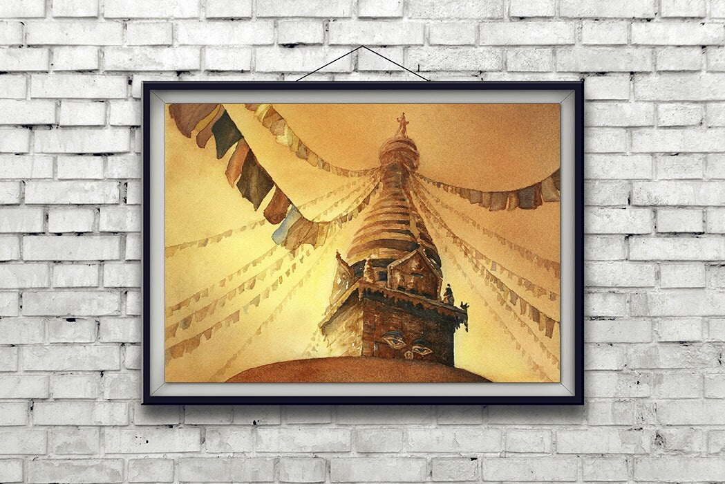 Buddha Eyes painted on Swayambhunath Stupa in the Kathmandu Valley, Nepal. Nepal painting. Nepal art. Buddhism art wall decor (print)