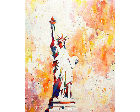 Watercolor painting of the iconic  Statue of Liberty in New York Harbor at sunset- New York City, USA