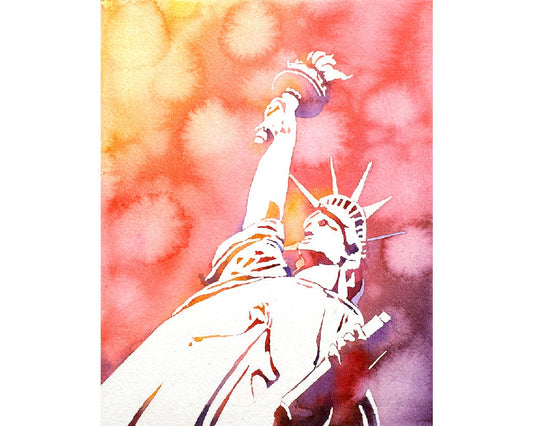 Watercolor painting of the iconic  Statue of Liberty in New York Harbor at sunset- New York City, USA