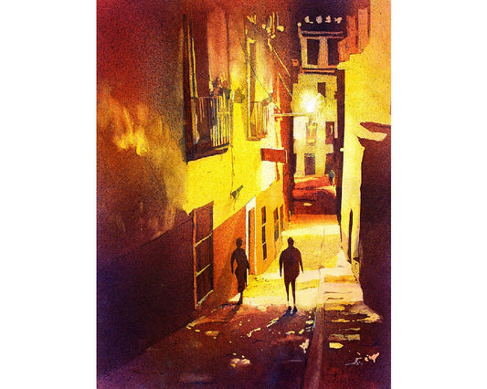 Moody watercolor painting of a quiet Guanajuato alleyway at night, with glowing lanterns and cobblestone path—perfect Guanajuato art for home or office interiors.
