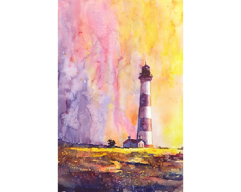 Bodie Island Lighthouse at sunset North Carolina coast- fine art watercolor painting. Art print giclee, watercolor painting lighthouse art (print)