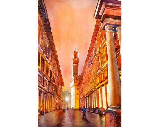 Uffizi Gallery at dawn in the medieval city of Florence, Italy at sunrise. Watercolor painting of Uffizi gallery. Watercolor art Florence
