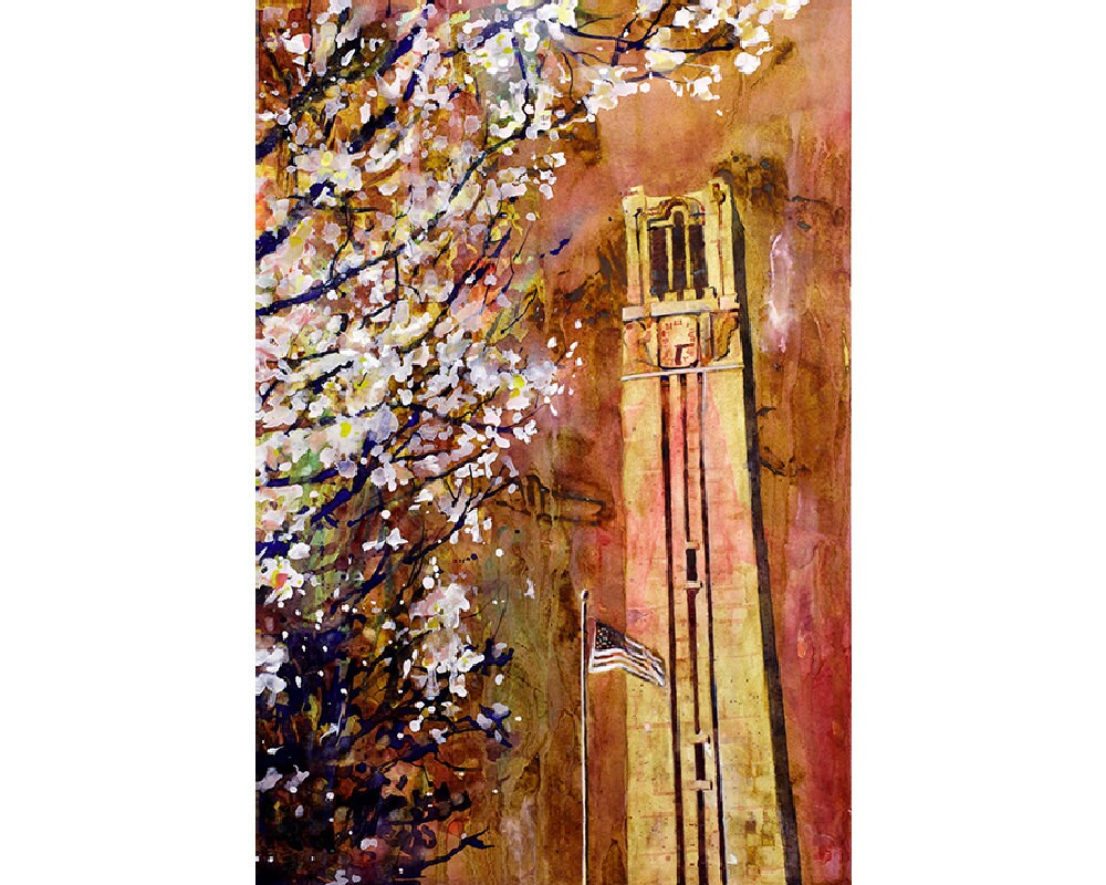 Watercolor painting of the North Carolina Statue University (NCSU) Bell-Tower in Raleigh, NC at dusk.