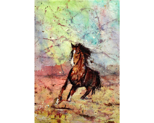 Horse running across tundra- painting horse, horse art.  Horse painting watercolor batik landscape painting wall art home decor horse (print)