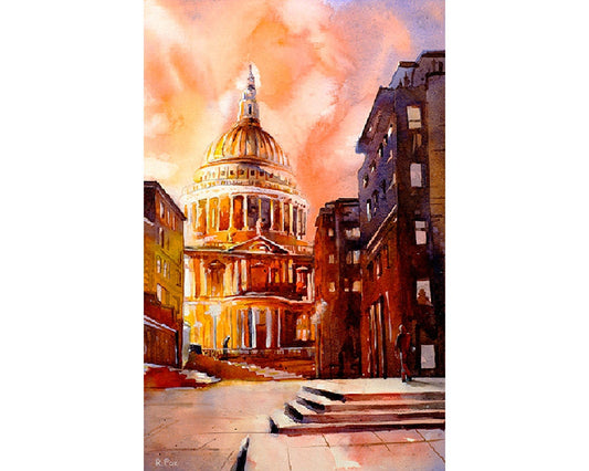 Catedral de San Pablo en Londres, Inglaterra al amanecer, Londres pintura acuarela paisaje bellas artes impresión Londres iglesia acuarela arte giclee