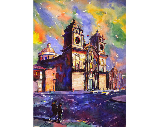 A watercolor painting of the historic Church on Plaza de Armas in Cusco, Peru, framed by dramatic skies and colonial architecture—ideal Cusco watercolor fine art (original artwork) for home or office decor.