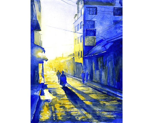 Peru watercolor painting- Puno.  People on street in the city of Puno watercolor painting fine art print wall decor (print)