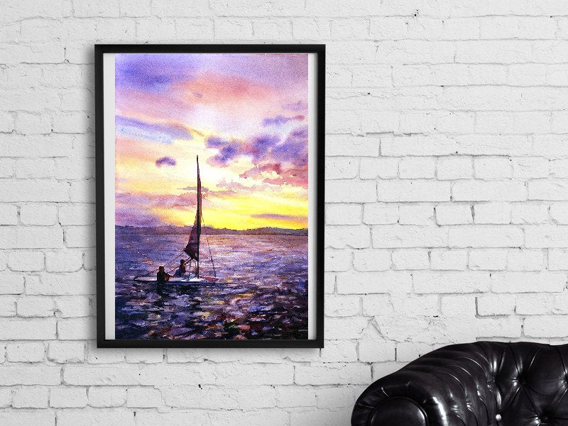 Sunset painting Torch Lake MI watercolor home decor