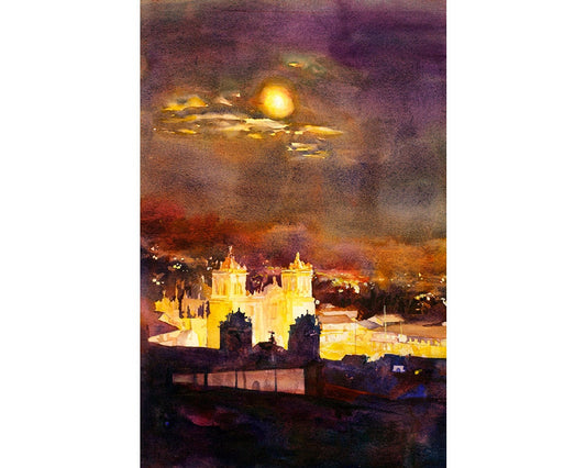 Cusco, Peru painting of Plaza de Armas Cathedral at night.  Watercolor fine art print home decor Peru painting watercolor yellow church (print)