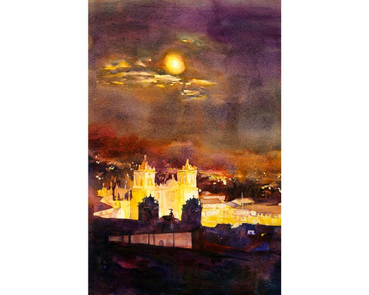 Cusco, Perú pintura de la Catedral de la Plaza de Armas en la noche. Acuarela bellas artes impresión decoración del hogar Perú pintura acuarela iglesia amarilla (impresión)