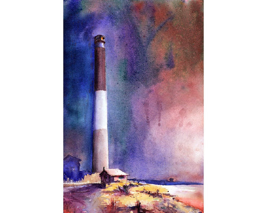 Painting of Oak Island lighthouse in North Carolina.  North Carolina lighthouse.  Lighthouse watercolor painting.  Lighthouse fine art (print)